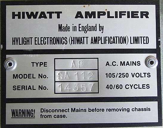 Hiwatt SA 112 serial plate
